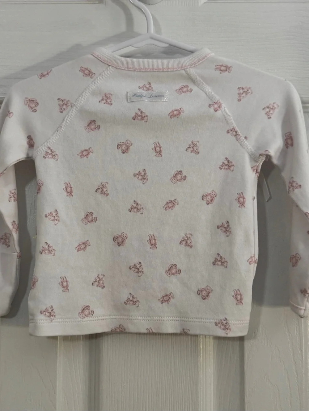 Ralph Lauren Baby Girl White and Pink Teddy Bear Two Piece Kimono Pajama Set